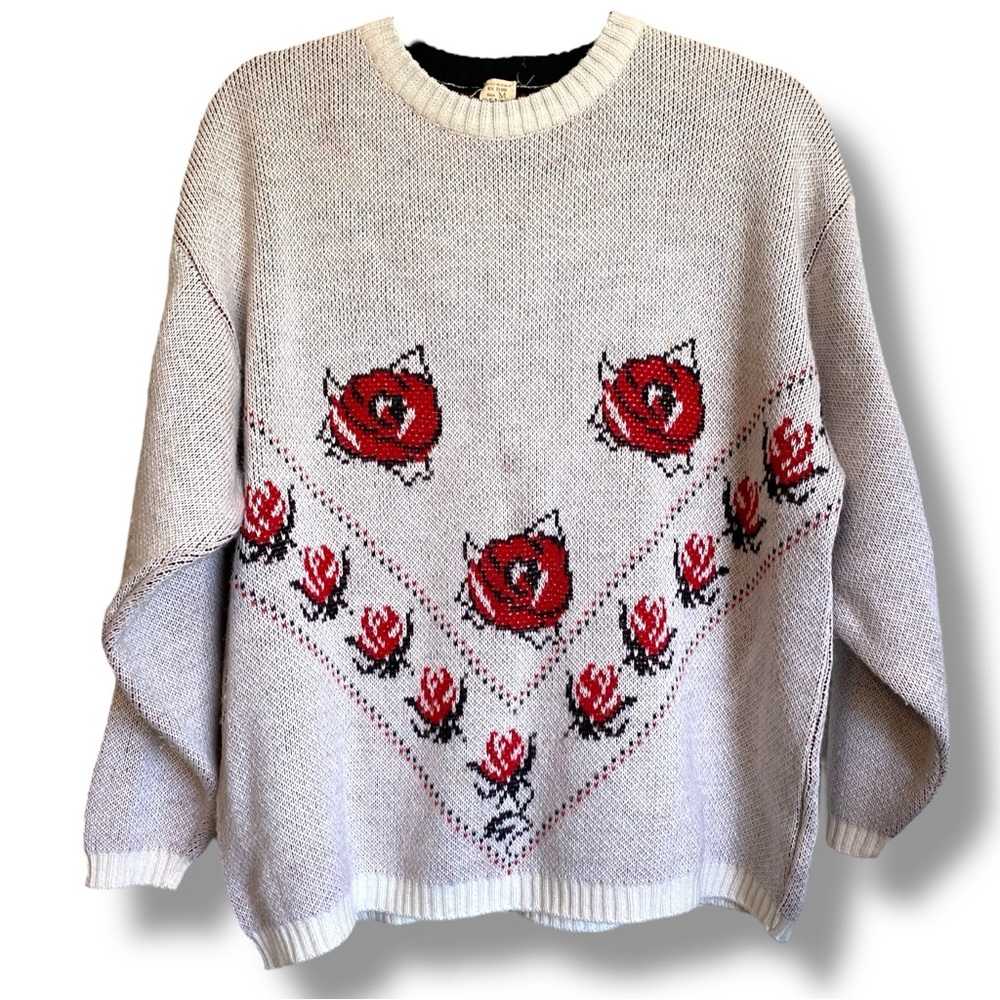 Vintage Rose Knit Sweater Made Italy 90s Scandinavian Style Indie Sleeze Unisex